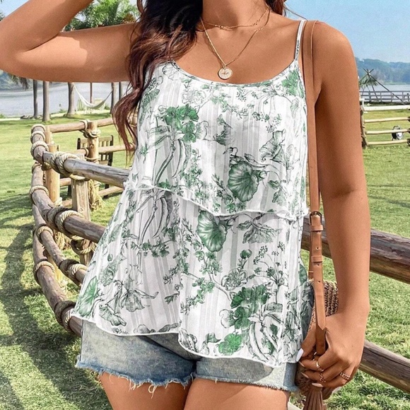 BellanBlue Tops - Plus Size Floral Tropical Print Striped Cami Ruffle Top